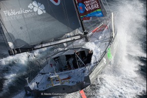 Entrainement du monocoque Imoca Groupe Queguiner-Leucemie Espoir en vue de la Transat Jacques Vabre - Skipper : Yann Elies - Co-Skipper : Charlie Dalin - Le 31/08/2015